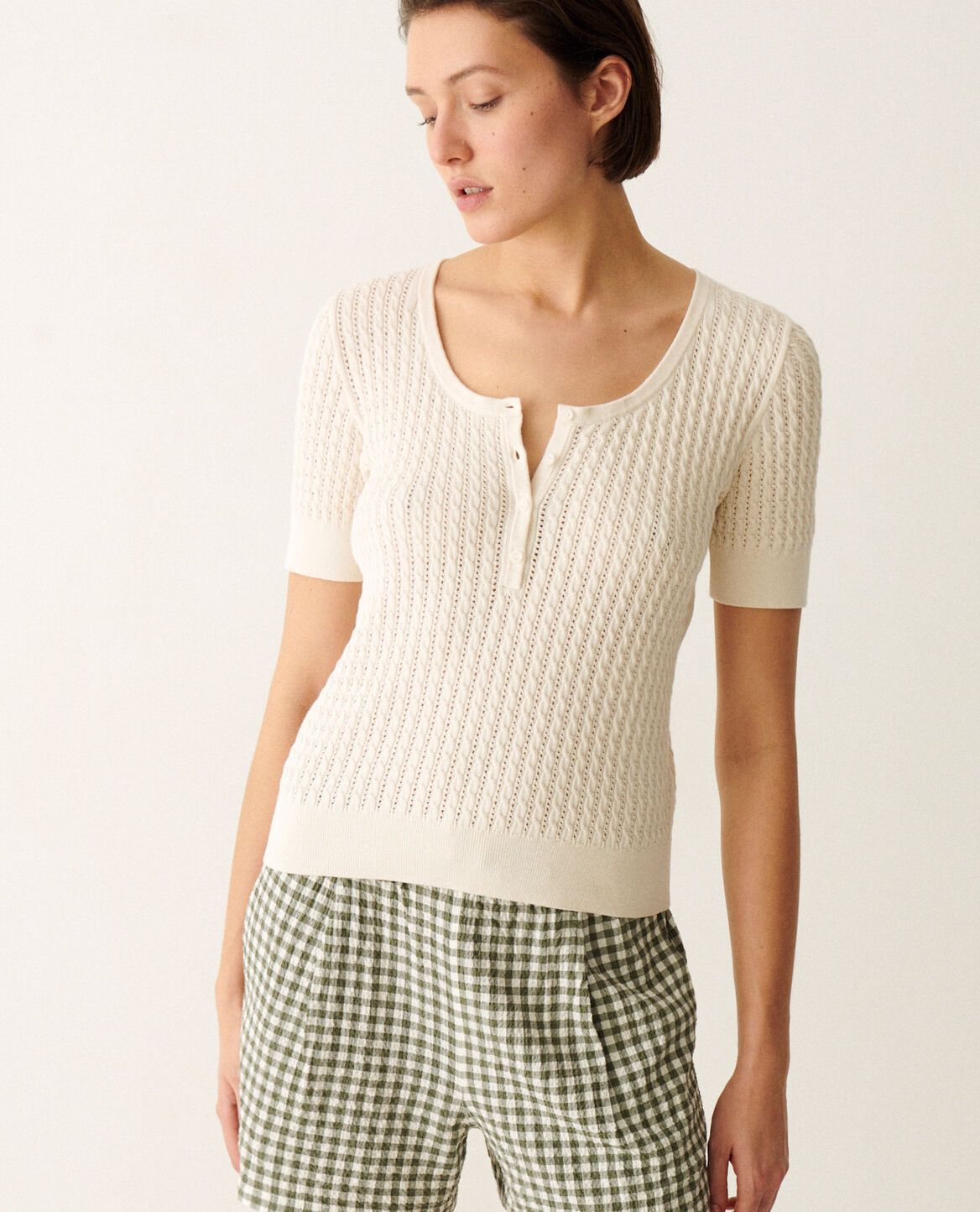 Kurzärmliges Pullover MAILLE POINTELLE Eisweiß